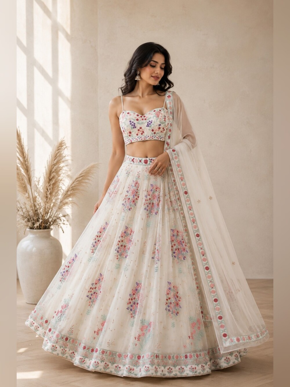 Off-White / Ivory Floral Embroidered Georgette Lehenga Choli Set